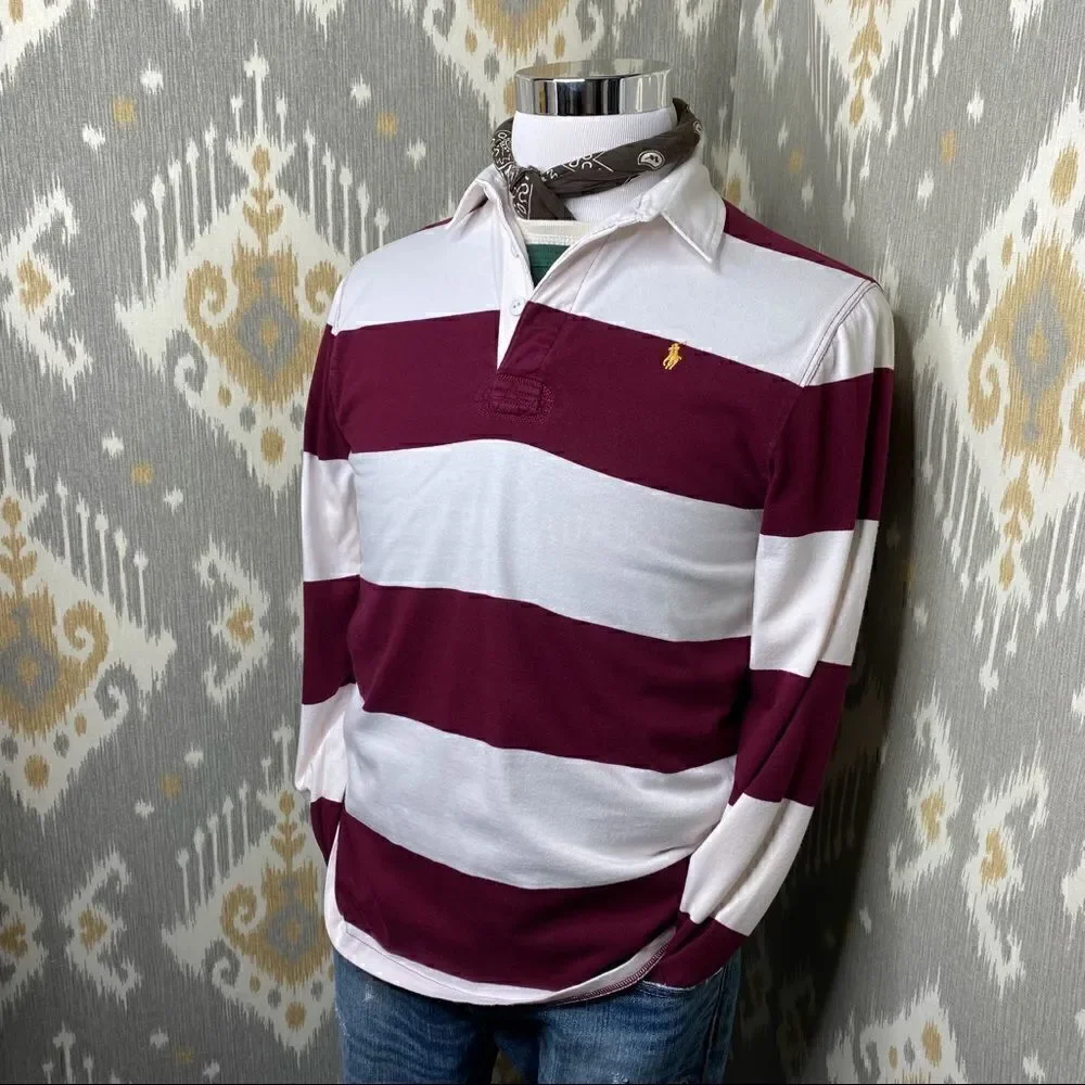 Polo Ralph Lauren Maroon & White Stripe Iconic Rugby Shirt